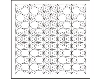 May include: A black and white diagram of a traditional Japanese embroidery pattern called "Sashiko". The diagram shows a grid of small stars and hexagons. The text below the diagram reads "3-使用糸量の目安 刺し子糸1かせ=約20m" and "細 1-使用糸量の目安 刺し子糸(細) 1玉=約80m".