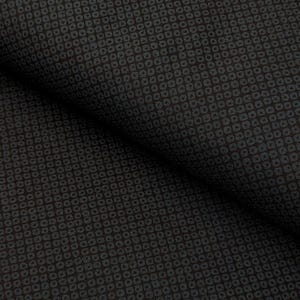 May include: Close-up of a dark fabric with a repeating pattern of small, square-shaped designs. The fabric appears to be a deep charcoal color with subtle variations in tone, creating a textured appearance. The pattern is evenly spaced across the material.