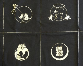 Japanese Neko Cat panel navy blue, black, or red cotton