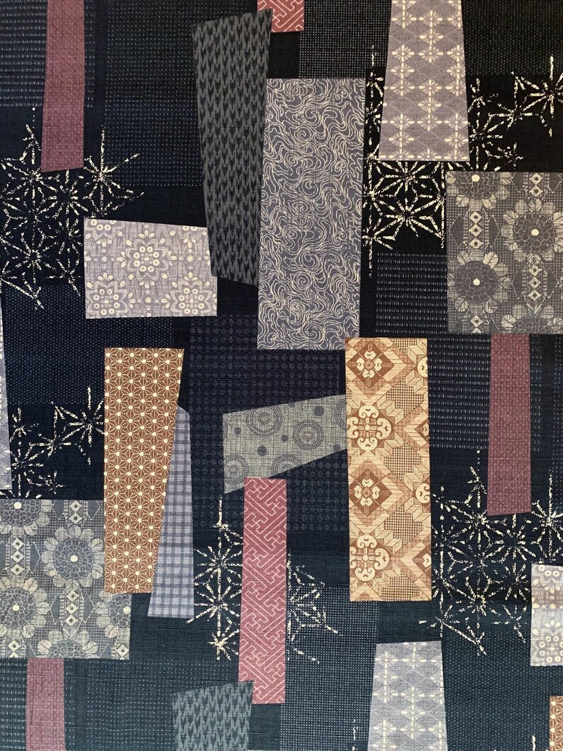 Morikiku Boro Patchwork print Japanese cotton dobby M-5010-1C black brown image 3