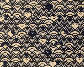 Waves with Cats Cosmo Japanese cotton dobby fabric AP41903-2C navy blue