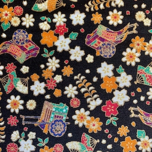 Royal Carts and Blossoms Japanese cotton fabric N-2000-98-C black gold