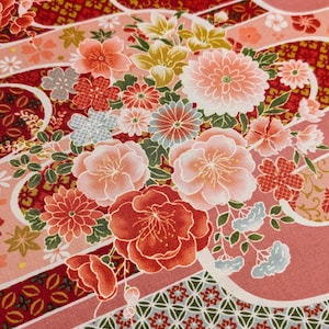 REMNANT Floral Waves Sevenberry Japanese cotton fabric 850427-1-4 pink and red