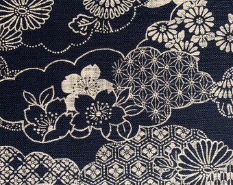 Sevenberry Cherry Blossom Clouds in indigo navy blue beige Japanese cotton fabric 88334-2-1