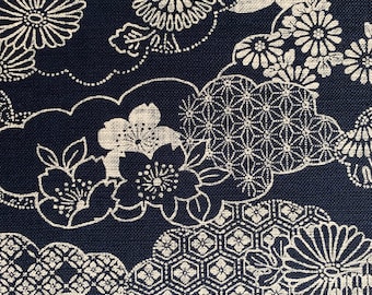 Sevenberry Cherry Blossom Clouds in indigo navy blue beige Japanese cotton fabric 88334-2-1