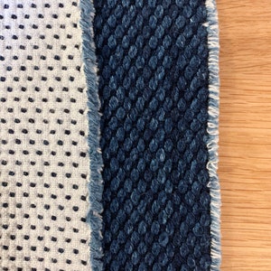 May include: Close-up of two fabric swatches. The left swatch is white with small black dots. The right swatch is a dark blue with a textured pattern of small circles.