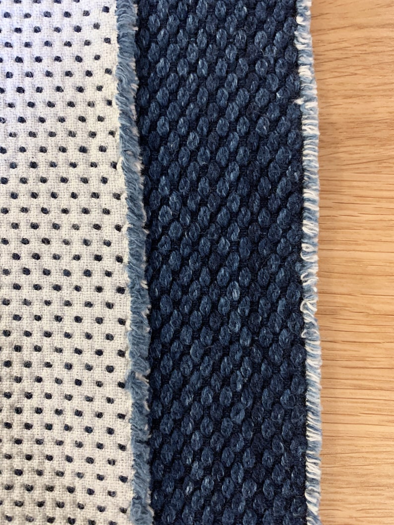 May include: Close-up of two fabric swatches. The left swatch is white with small black dots. The right swatch is a dark blue with a textured pattern of small circles.