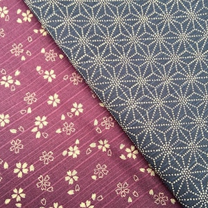 Plum & Navy Sevenberry Double Sided Sakura Cherry Blossom and Asanoha Star Japanese dobby cotton fabric 88235-1-5