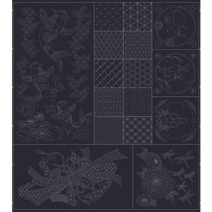 May include: A black and white embroidery pattern with various designs, including koi fish, dragonflies, and geometric patterns. The pattern is on a dark blue background.
