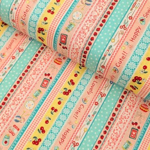 NEW Yuwa - Cute Crafting Stripes Cotton Sheeting Japanese Fabric - Pink & Teal AT829882-B