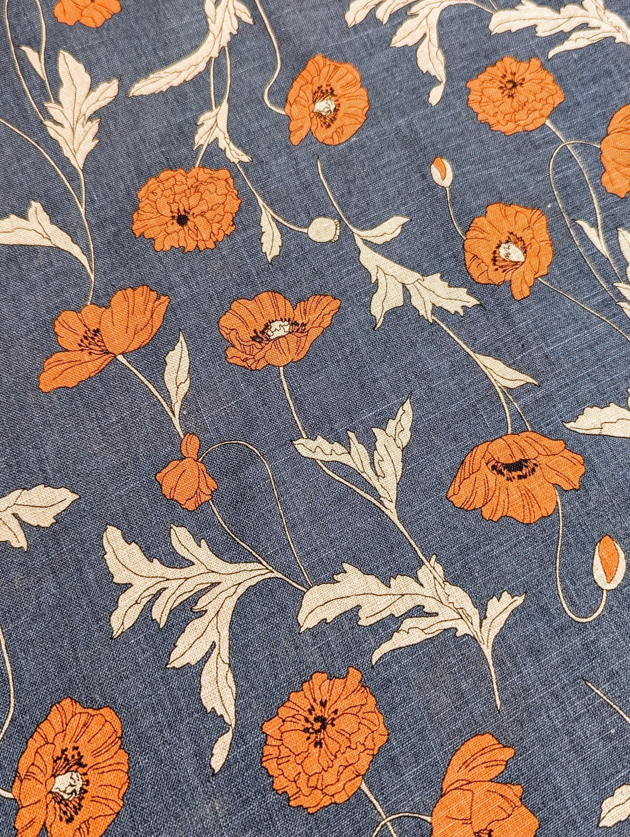 Summer Poppies Japanese linen fabric 7023-1710-2D blue and orange - half yard