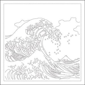 May include: A black and white line drawing of a large wave crashing over a smaller wave. The wave is stylized with a traditional Japanese design. A mountain is visible in the background.