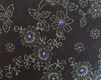 Katazome style flowers Japanese cotton fabric 2650-1B black green purple