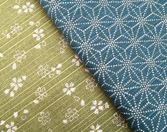 Green & Blue Sevenberry Double Sided Sakura Cherry Blossom and Asanoha Star Japanese dobby cotton fabric 88235-1-2