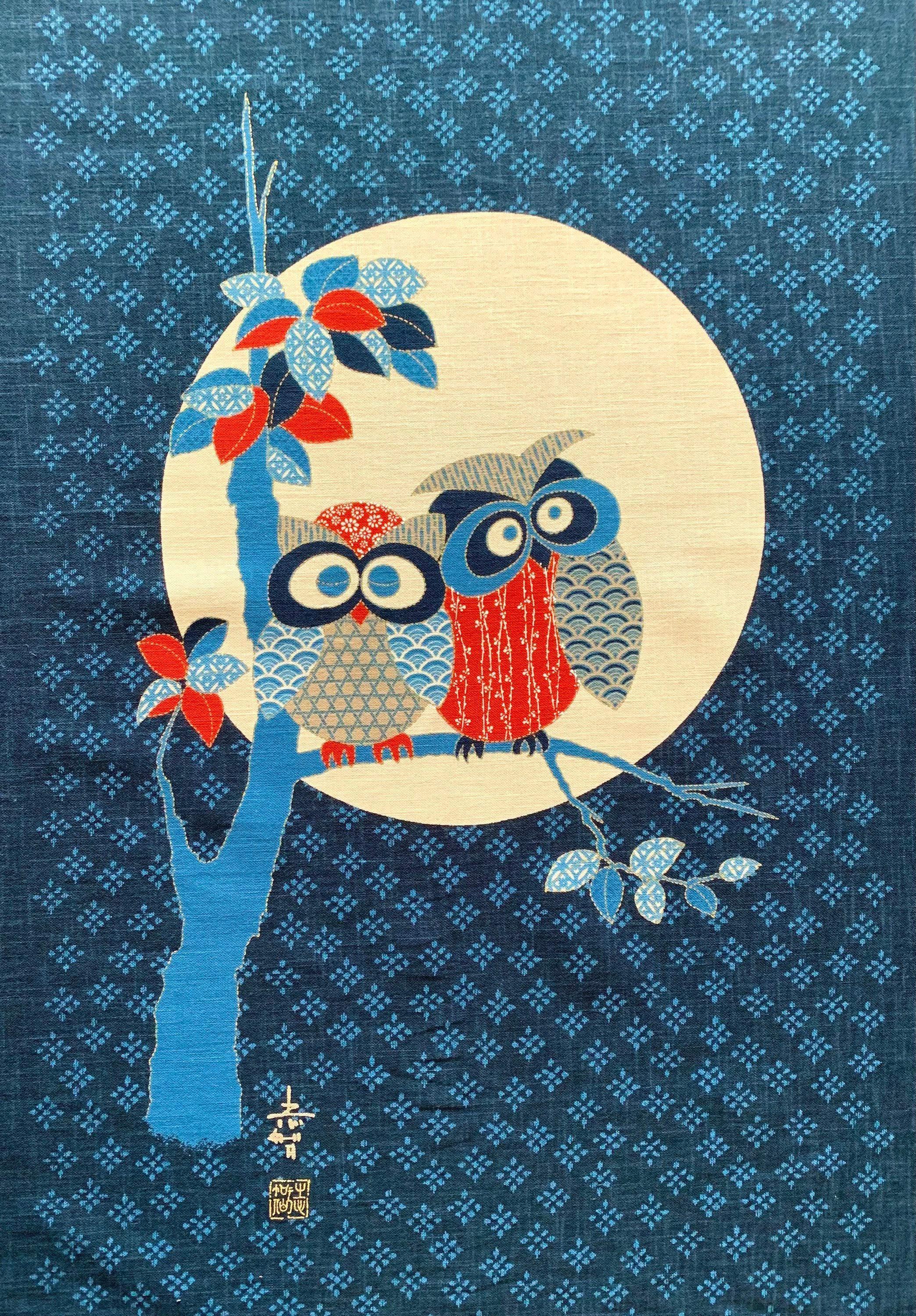 Japanese noren panel Owl Couple KP7290-92 blue