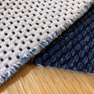 May include: Close-up of two fabric swatches with different textures. The top swatch is a light gray with a black polka dot pattern and a frayed edge. The bottom swatch is a dark blue with a textured surface. The swatches are on a light wood surface.