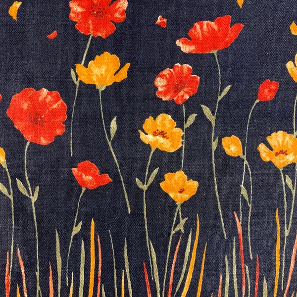 Koizumi Momen-t Fall Flowers border print cotton linen fabric 148-1283-C4 black orange red