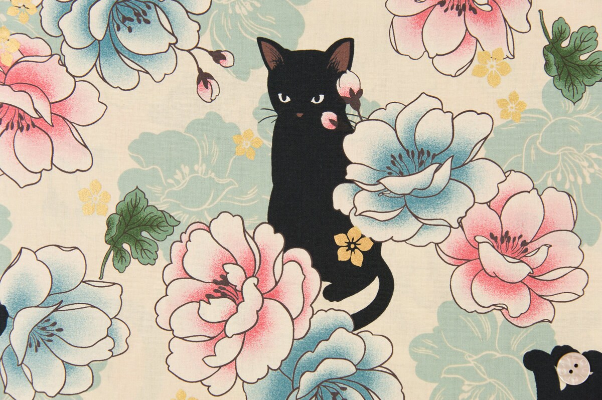 Quilt Gate Hyakka Ryoran NEKO cats in ivory cream white cotton fabric…