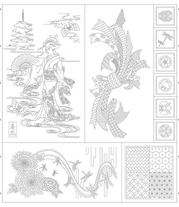 SALE Wagara Sashiko panel Geisha in the Spring Breeze QH Textiles HF-1114