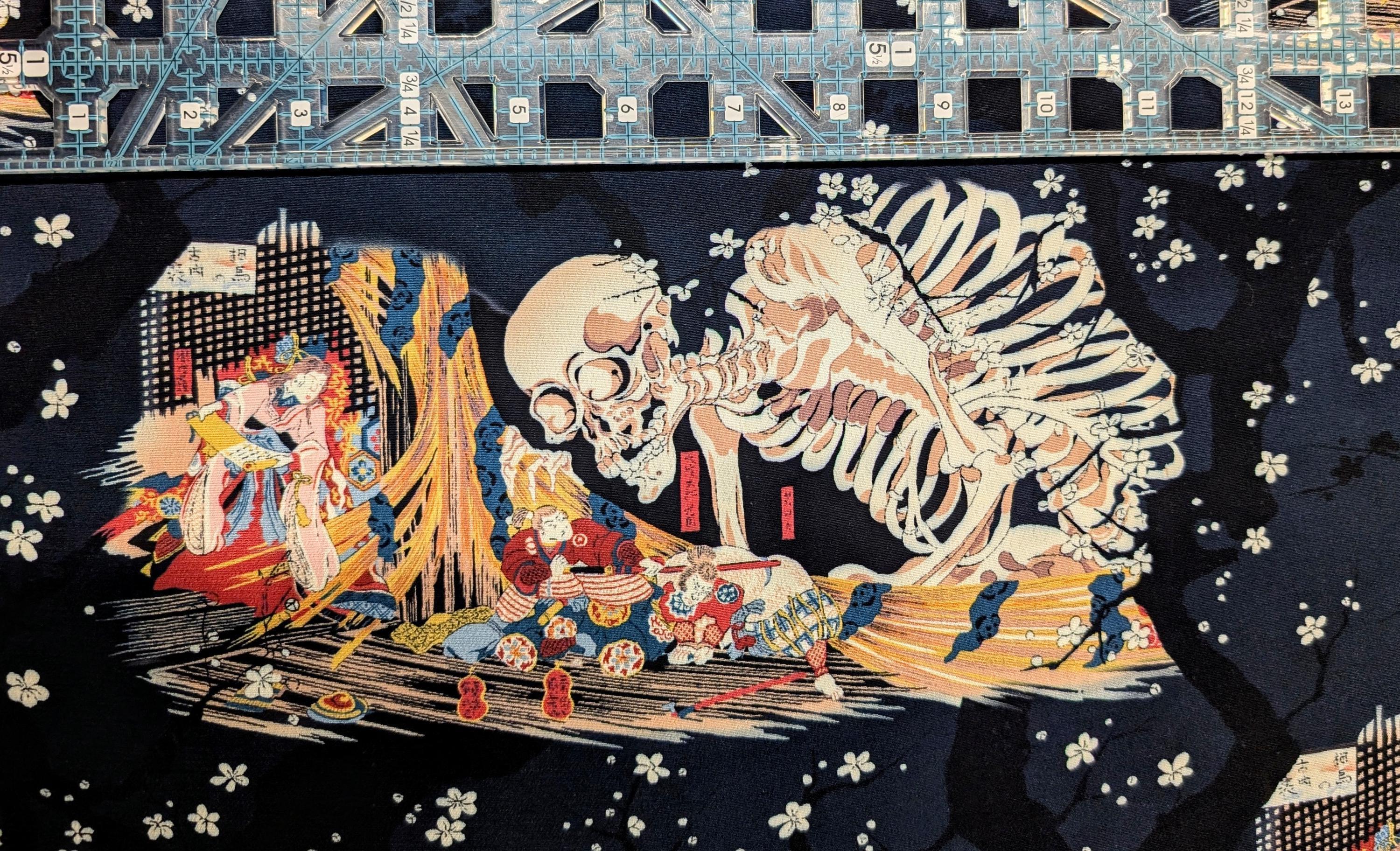 Gashadokuro Yōkai Japanese Rayon Fabric 5-WAGARA-IJ-2 D Blue