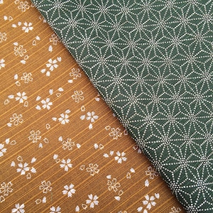 Bronze & Green Sevenberry Double Sided Sakura Cherry Blossom and Asanoha Star Japanese dobby cotton fabric