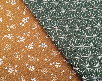 Bronze & Green Sevenberry Double Sided Sakura Cherry Blossom and Asanoha Star Japanese dobby cotton fabric