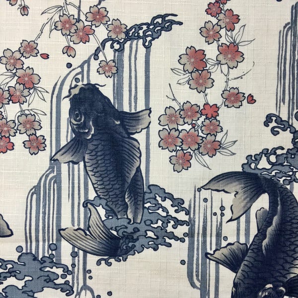 Carp, Waterfall, and Cherry Blossoms Japanese cotton dobby fabric Koi Sakura IVORY IGA-14240-2A