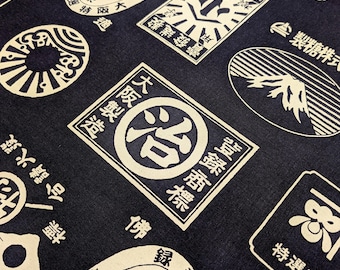 Food Labels Kokka Japanese cotton light canvas fabric YKA-29100-1A navy blue - half yard
