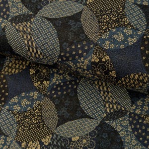 May include: Close-up of a fabric with a patchwork design. The fabric features a variety of patterns in shades of navy blue, black, and tan. The patterns include floral motifs, geometric shapes, and textured details, creating a visually rich and detailed textile.