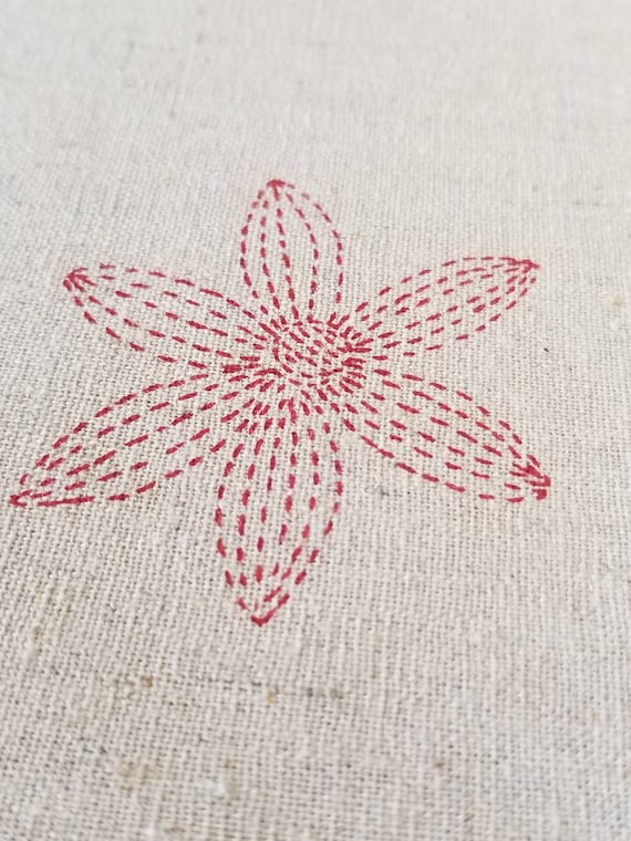 Sashiko Flower print in Navy Blue on Natural Japanese Cotton Linen Blend