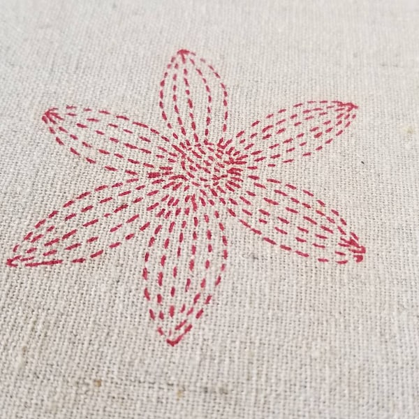 Sashiko Flower print in Red on Natural Japanese Cotton Linen Blend