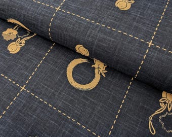Enso Rabbit Hand Stenciled Japanese Cotton Fabric KP7090-140-A Blue - by the half yard