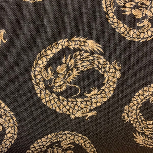 Little Dragons hand stenciled Japanese cotton fabric KP7090-88-D black brown - half yard