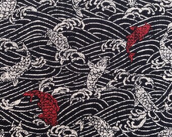 Sevenberry Koi carp fish and waves Japanese cotton fabric 88335-1-2 beige blue red
