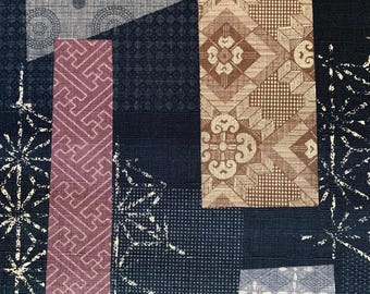 Morikiku Boro Patchwork estampado, algodón dobby japonés M-5010-1C, negro y marrón