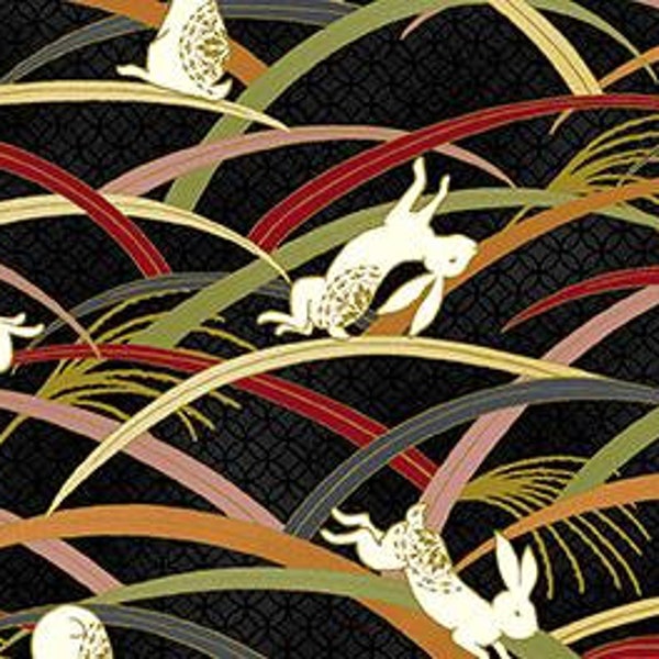 Rabbits in the Grass QuiltGate Hyakka Ryoran cotton fabric HR3420-13F black