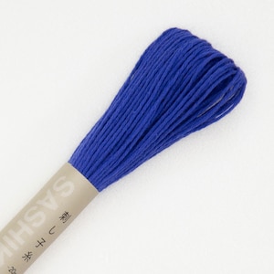May include: A spool of blue embroidery floss with a label that reads "Sashiko" in Japanese characters and "糸" which means "thread".