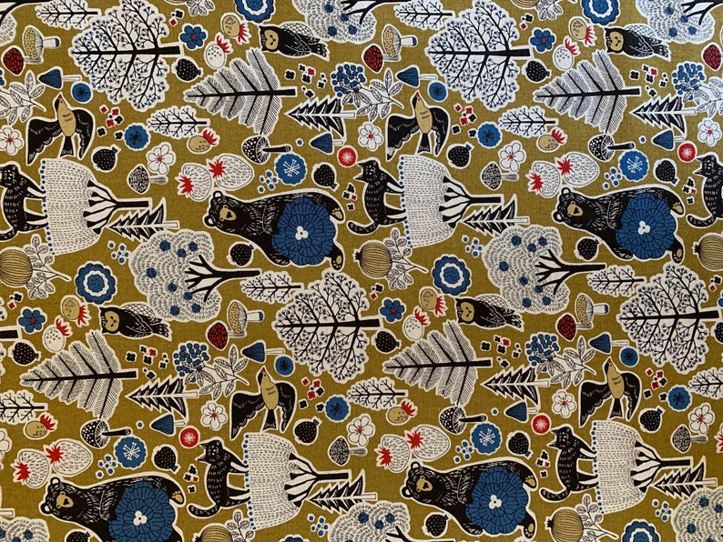 Bear and Forest Friends Cosmo Japanese cotton linen canvas fabric AP81303-2B mustard half yard