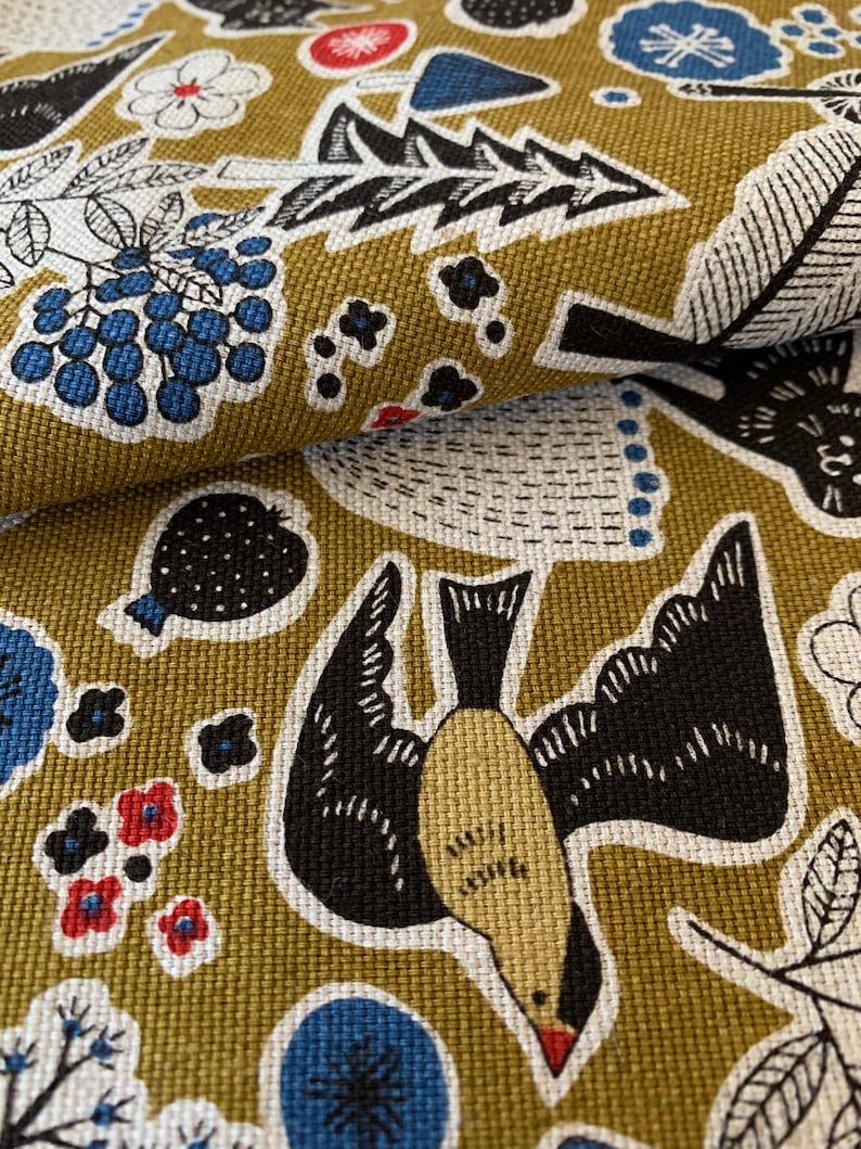 Bear and Forest Friends Cosmo Japanese cotton linen canvas fabric AP81303-2B mustard half yard