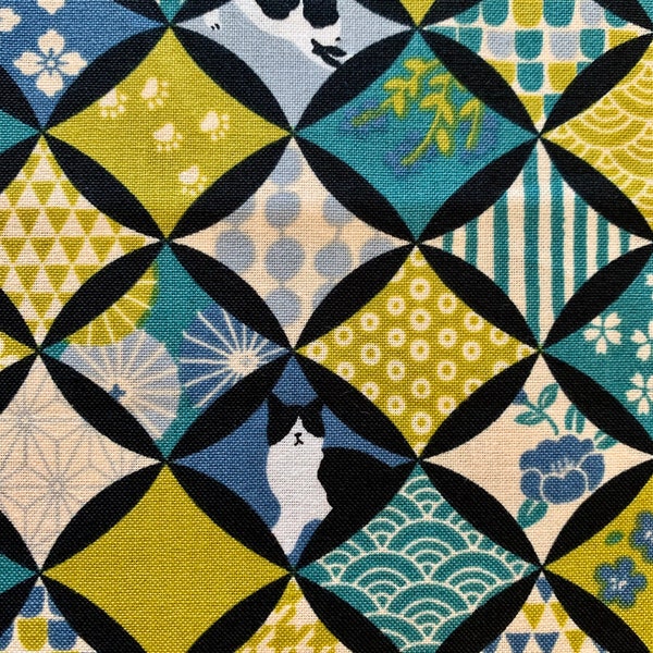 Cats in Cathedral Windows Cosmo Japanese quilt cotton fabric AP31908-1C teal blue tea green
