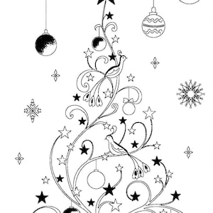May include: A black and white illustration of a Christmas tree with ornaments, stars, and birds. The tree is decorated with a variety of ornaments, including stars, birds, and snowflakes.