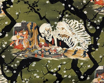 Gashadokuro yōkai Japanese rayon fabric 5-WAGARA-IJ-2 C green - half yard