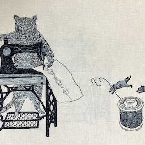 Purr-fect Stitches Cats with Sewing Machines Japanese cotton linen blend canvas 148-1800-1 off-white black blue