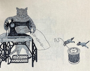 Purr-fect Stitches Cats with Sewing Machines Japanese cotton linen blend canvas 148-1800-1 off-white black blue