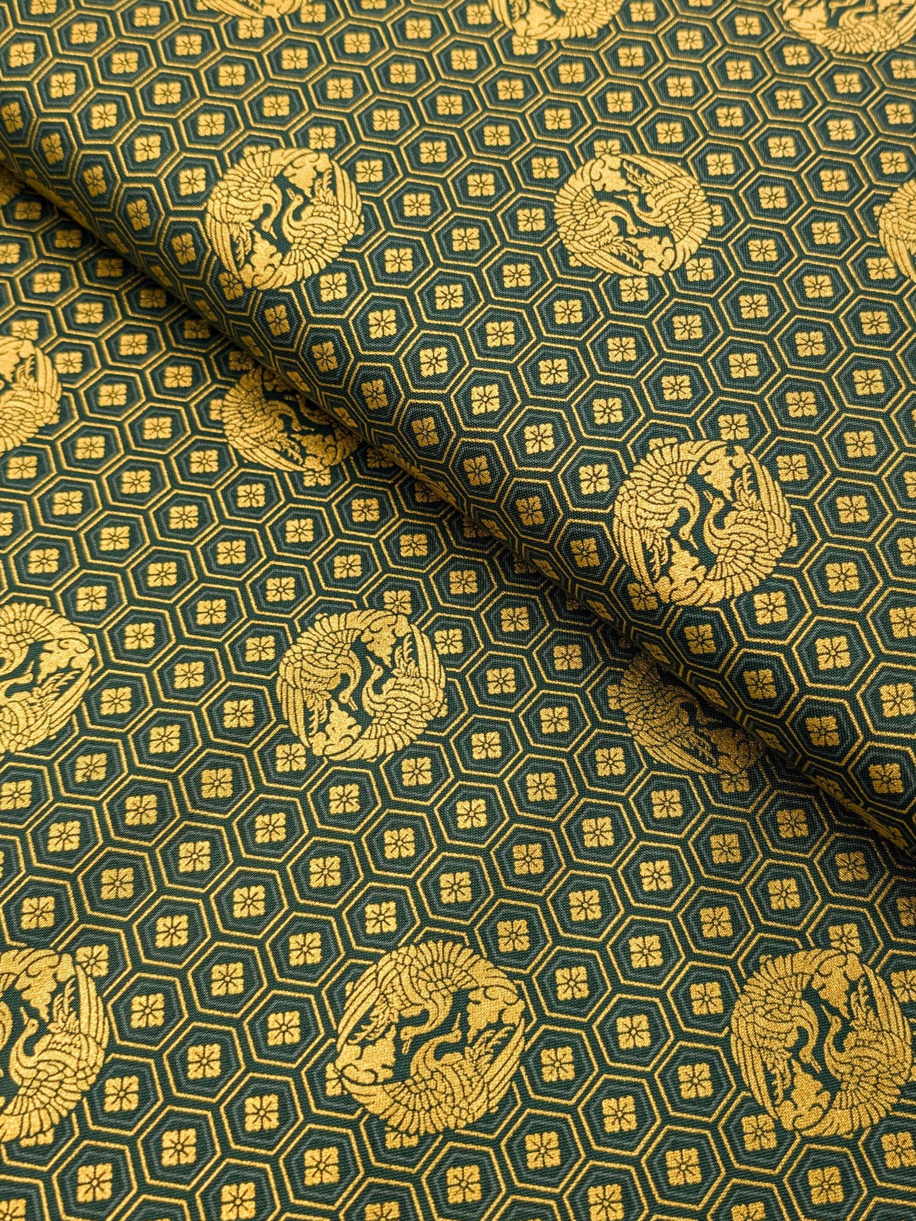 Quiltgate - Golden Cranes and Kikko Cotton Japanese Fabric - Green