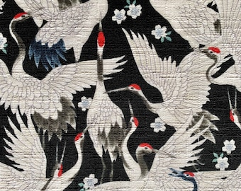 Cranes and Cherry Blossoms Cosmo Japanese cotton dobby fabric AP21406-1F black