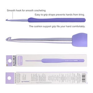 May include: A crochet hook with a purple handle and a silver hook. The packaging shows the size as 2.50mm and 4/0. The text on the packaging says "ETIMO Murasaki" and "Tulip". The hook is designed for smooth crocheting and has an easy-to-grip shape.