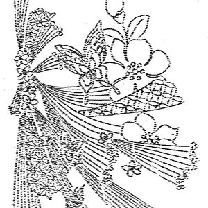 May include: Black and white line art illustration of a floral design with butterflies. The design features a large flower with a smaller flower bud and two butterflies.