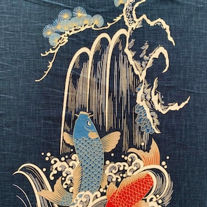 Japanese noren panel Koi Waterfall KP7290-97 blue