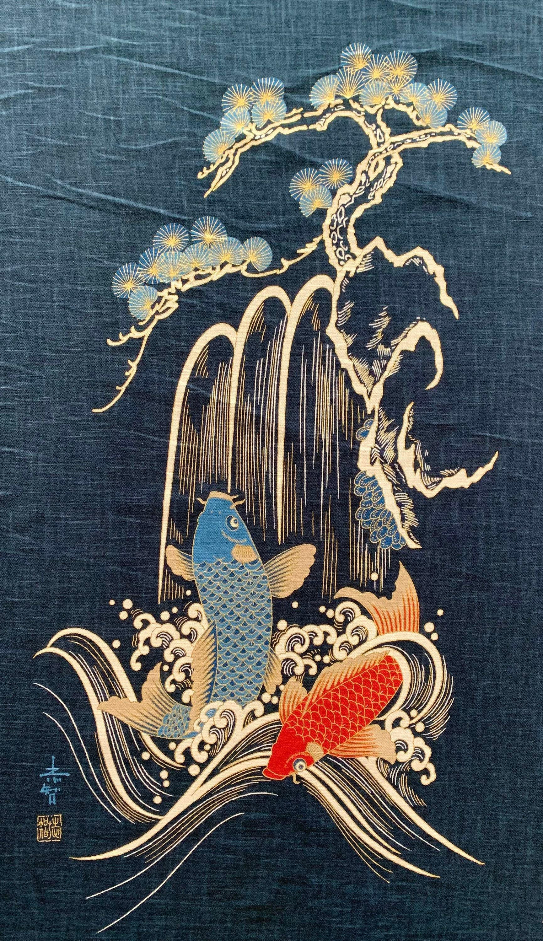 Japanese noren panel Koi Waterfall KP7290-97 blue